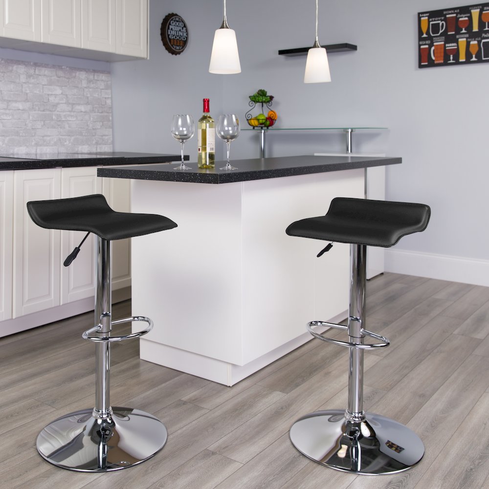 Black Vinyl Adjustable Height Barstool with Solid Wave Seat and Chrome Base