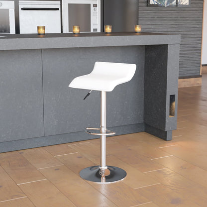 White Vinyl Adjustable Height Barstool with Solid Wave Seat and Chrome Base