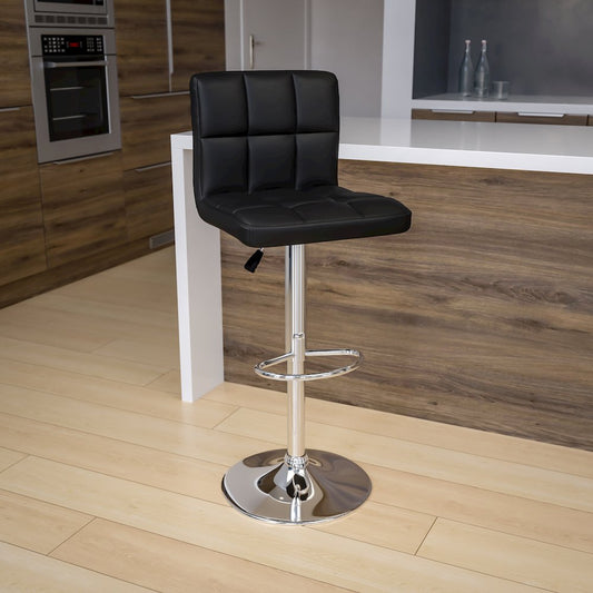 Contemporary Black Quilted Vinyl Adjustable Height Barstool with Chrome Base