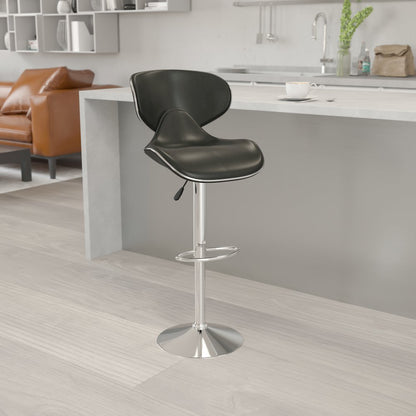Cozy Mid-Back Black Vinyl Adjustable Height Barstool with Chrome Base