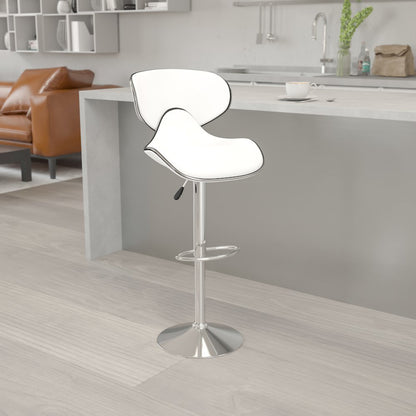 Cozy Mid-Back White Vinyl Adjustable Height Barstool with Chrome Base