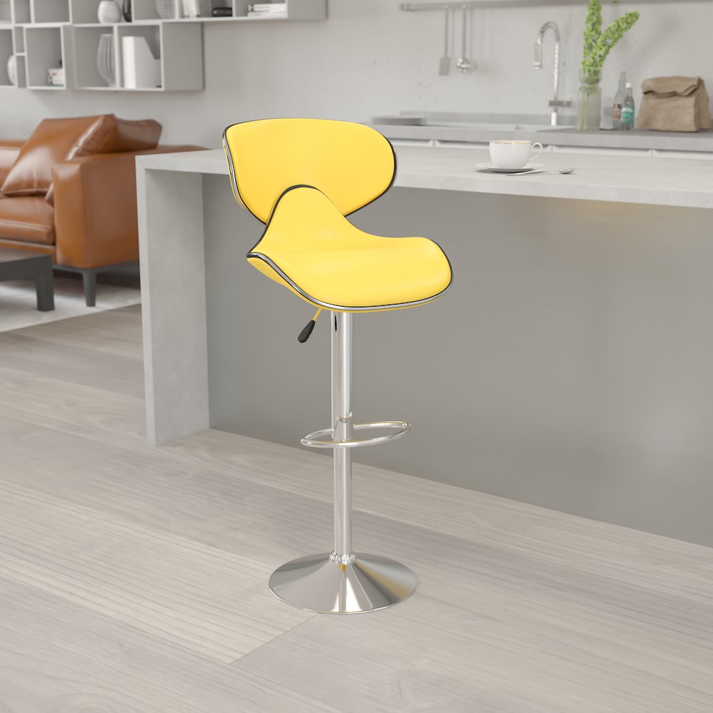 Cozy Mid-Back Yellow Vinyl Adjustable Height Barstool with Chrome Base