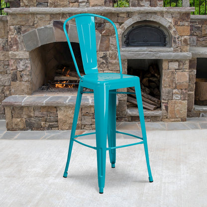 30" High Crystal Teal-Blue Metal Indoor-Outdoor Barstool with Back