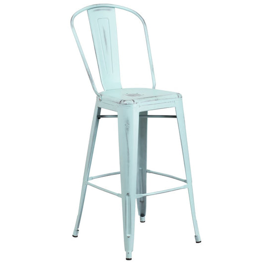 30" High Distressed Green-Blue Metal Indoor-Outdoor Barstool with Back