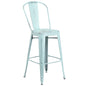 30" High Distressed Green-Blue Metal Indoor-Outdoor Barstool with Back