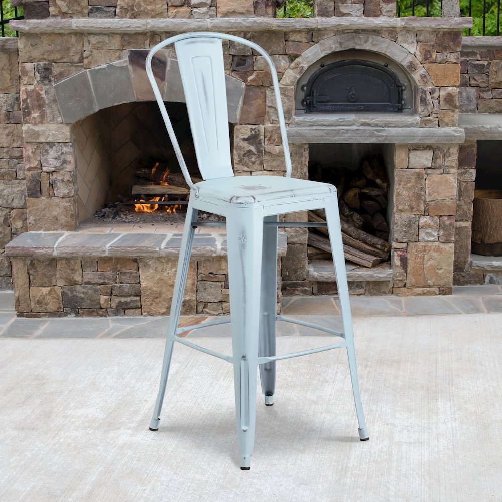 30" High Distressed Green-Blue Metal Indoor-Outdoor Barstool with Back