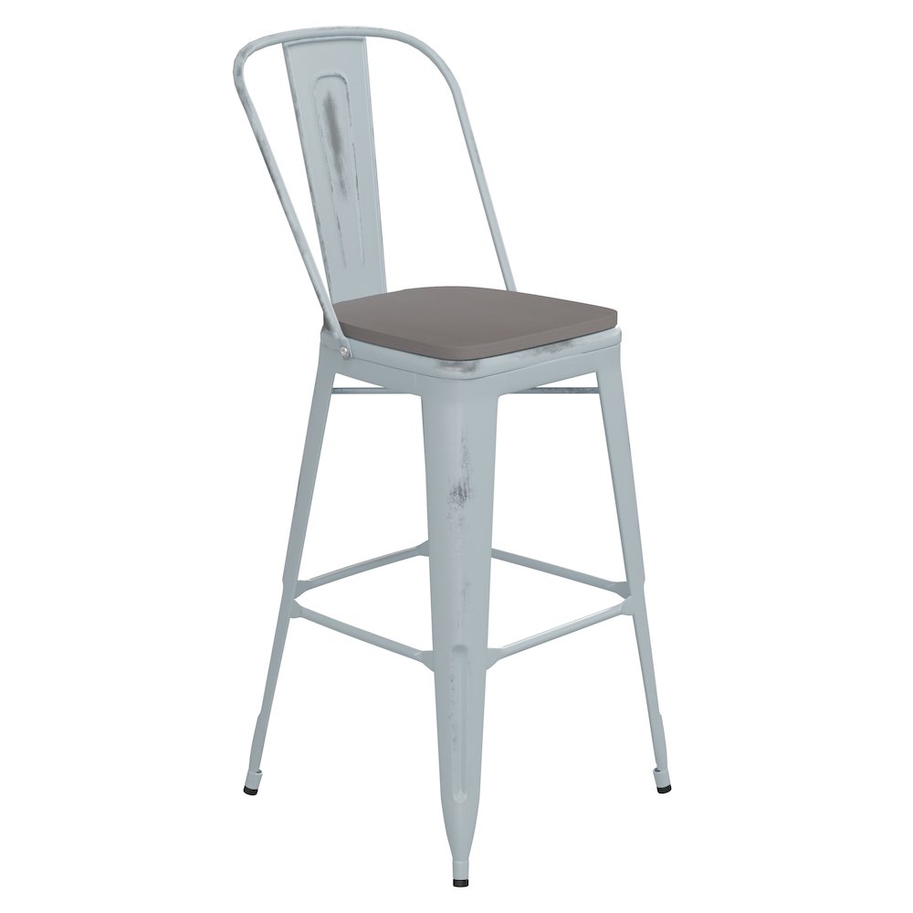 30" High Green-Blue Metal Indoor-Outdoor Barstool with Gray Poly Resin Wood Seat