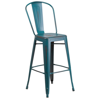 30" High Distressed Kelly Blue-Teal Metal Indoor-Outdoor Barstool with Back