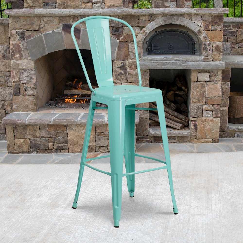 30" High Mint Green Metal Indoor-Outdoor Barstool with Back