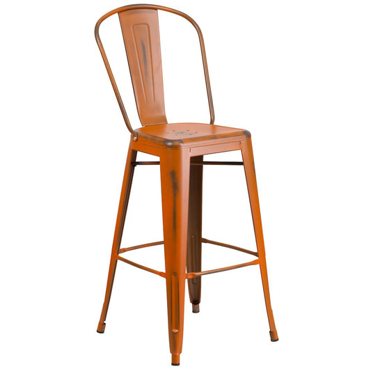 30" High Distressed Orange Metal Indoor-Outdoor Barstool with Back