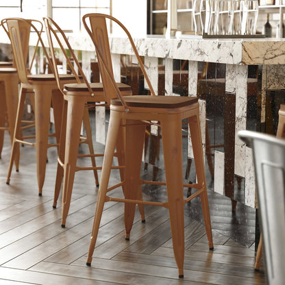 30" High Orange Metal Indoor-Outdoor Barstool with Teak Poly Resin Wood Seat