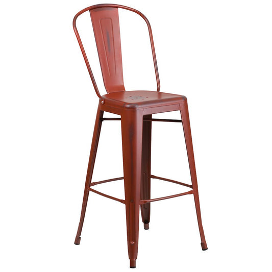 30" High Distressed Kelly Red Metal Indoor-Outdoor Barstool with Back