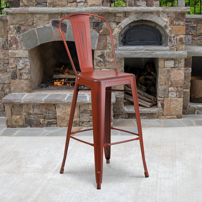 30" High Distressed Kelly Red Metal Indoor-Outdoor Barstool with Back