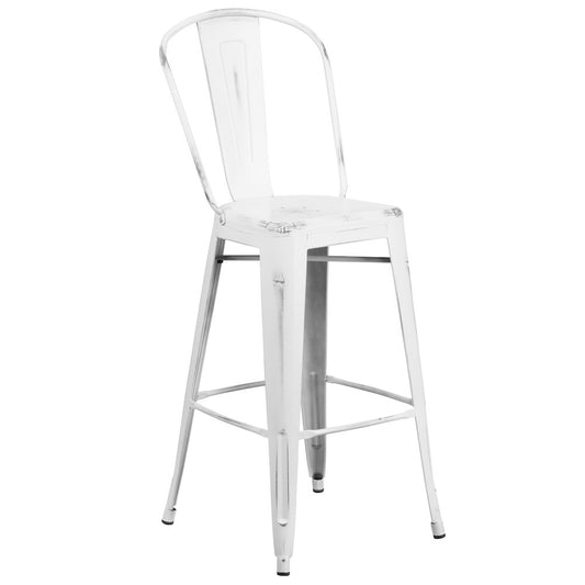 30" High Distressed White Metal Indoor-Outdoor Barstool with Back