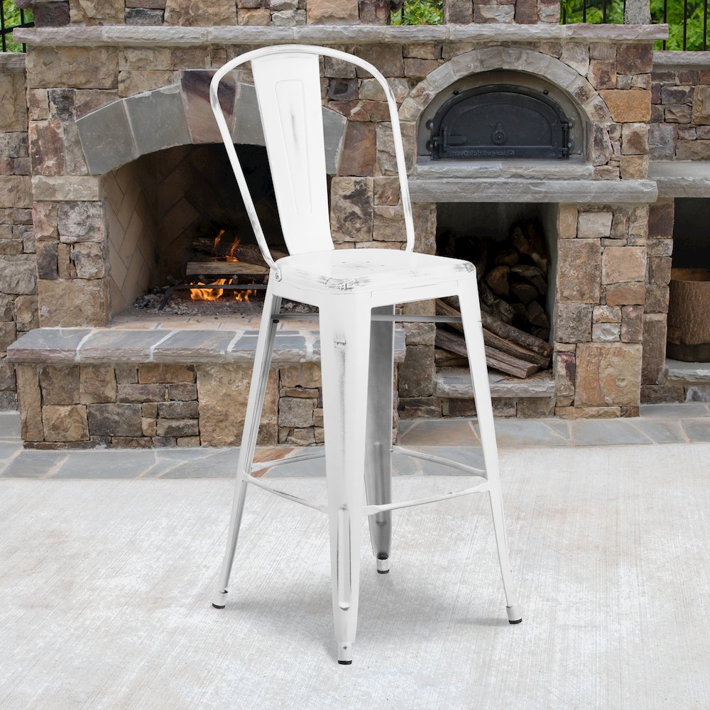 30" High Distressed White Metal Indoor-Outdoor Barstool with Back