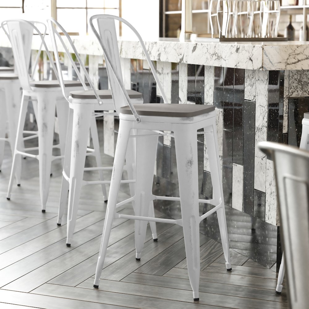 30" High White Metal Indoor-Outdoor Barstool with Gray Poly Resin Wood Seat