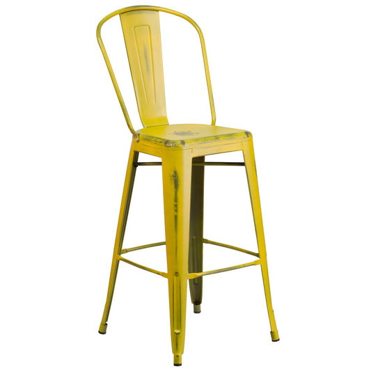 30" High Distressed Yellow Metal Indoor-Outdoor Barstool with Back
