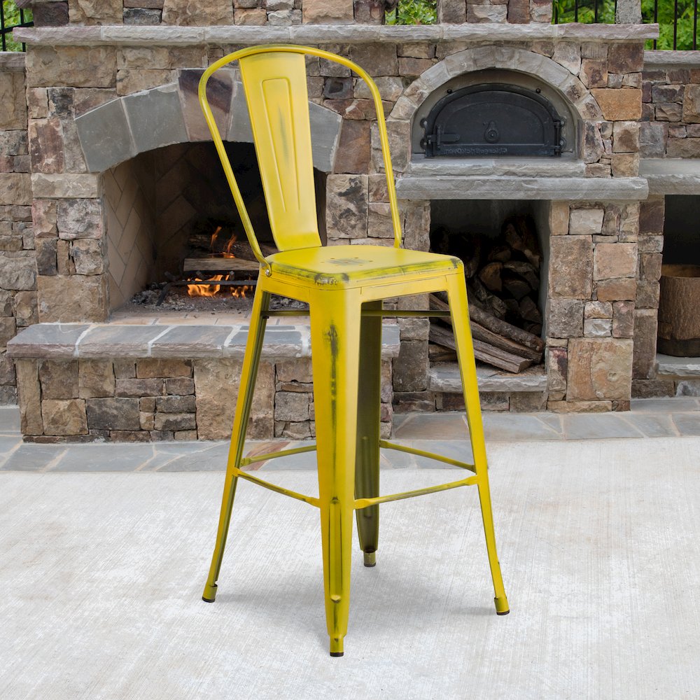 30" High Distressed Yellow Metal Indoor-Outdoor Barstool with Back