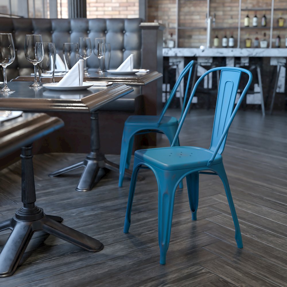 Distressed Antique Blue Metal Indoor-Outdoor Stackable Chair