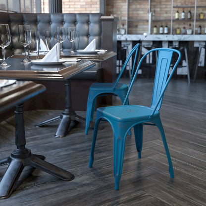 Distressed Antique Blue Metal Indoor-Outdoor Stackable Chair