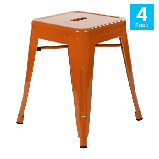 18" Table Height Stool, Stackable Metal Dining Stool in Orange - Set of 4