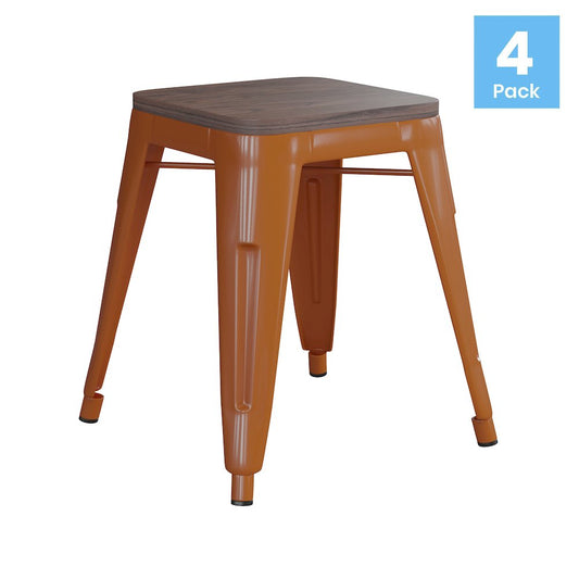 18" Table Height , Stackable Orange Metal Dining Stool, - Set of 4