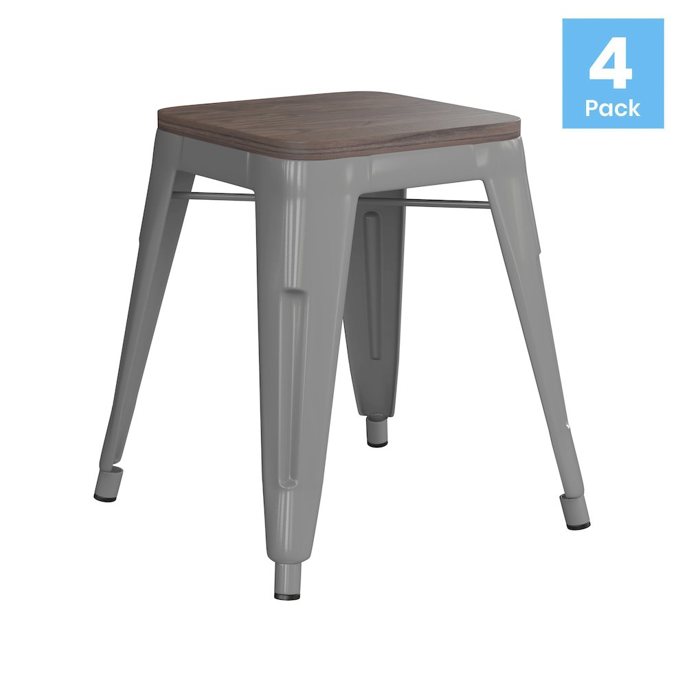 18" Table Height , Stackable Silver Metal Dining Stool, - Set of 4