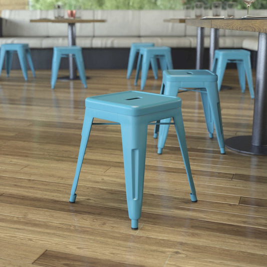 18" Table Height Stool, Stackable Metal Dining Stool in Teal - Set of 4