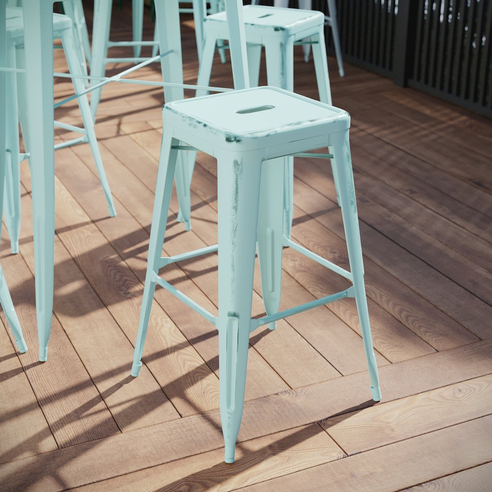 30" High Backless Distressed Green-Blue Metal Indoor-Outdoor Barstool