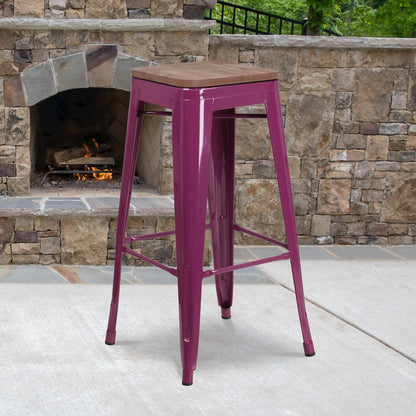 30" High Backless Purple Barstool with Square Wood Seat