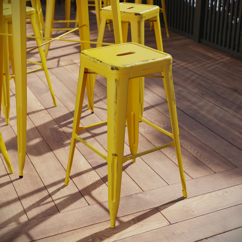 30" High Backless Distressed Yellow Metal Indoor-Outdoor Barstool