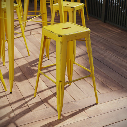 30" High Backless Distressed Yellow Metal Indoor-Outdoor Barstool