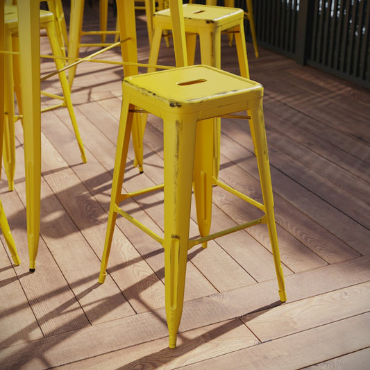 30" High Backless Distressed Yellow Metal Indoor-Outdoor Barstool