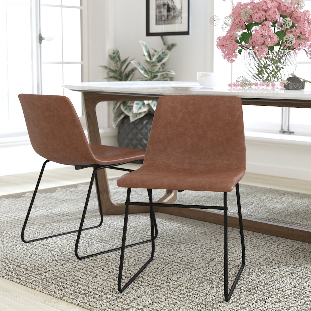 18 in Mid-Back Sled Base Dining Chair in Light Brown with Black Frame, Set of 2