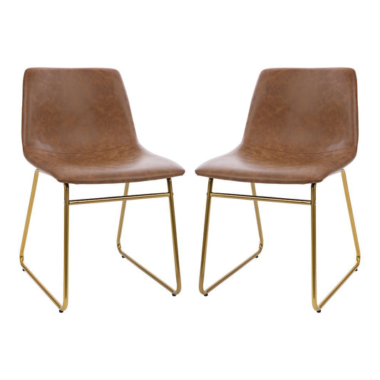 18 in Mid-Back Sled Base Dining Chair in Light Brown with Gold Frame, Set of 2