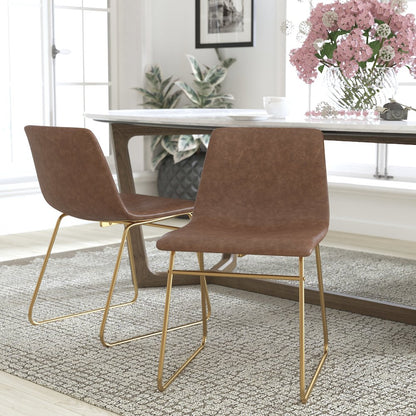 18 in Mid-Back Sled Base Dining Chair in Light Brown with Gold Frame, Set of 2