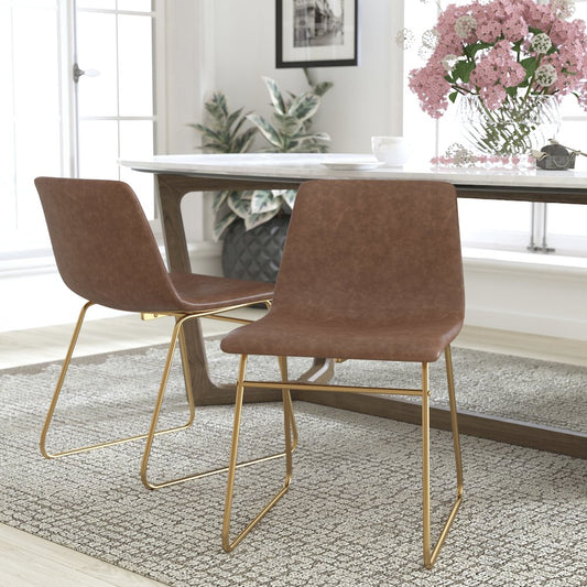 18 in Mid-Back Sled Base Dining Chair in Light Brown with Gold Frame, Set of 2