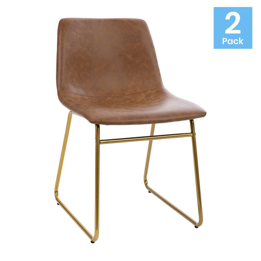 18 in Mid-Back Sled Base Dining Chair in Light Brown with Gold Frame, Set of 2