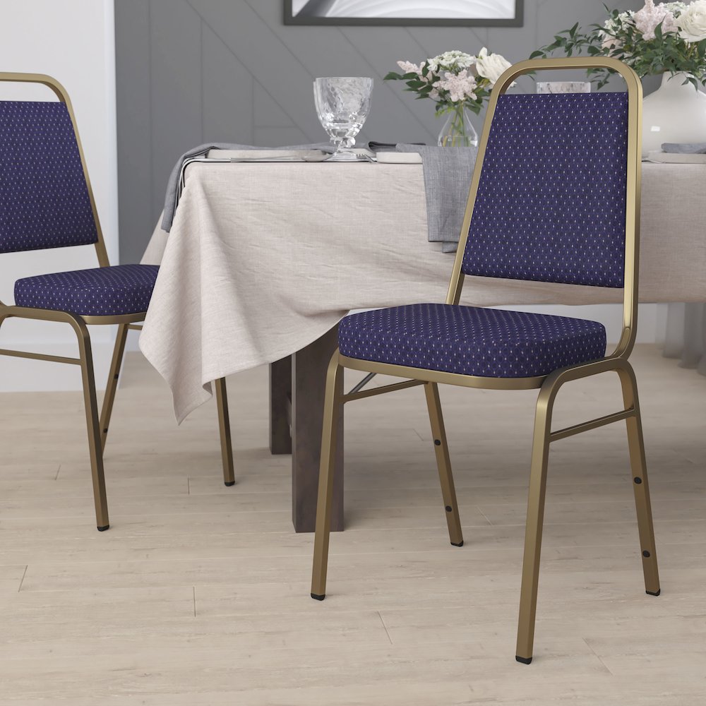 Trapezoidal Back Stacking Banquet Chair in Navy Patterned Fabric - Gold Frame