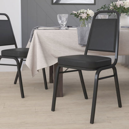 Trapezoidal Back Stacking Banquet Chair in Black Vinyl - Black Frame