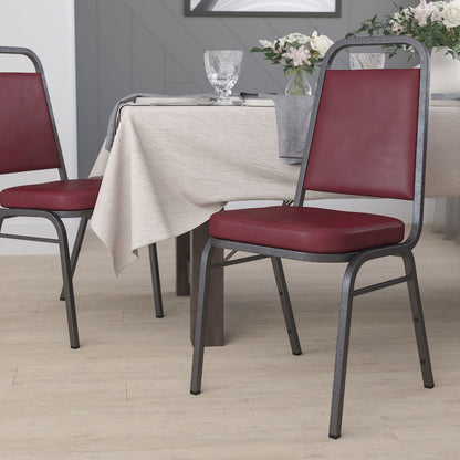 Trapezoidal Back Stacking Banquet Chair in Burgundy Vinyl - Silver Vein Frame