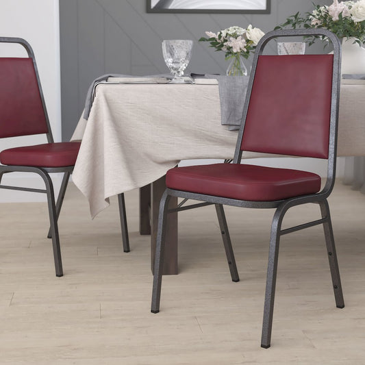 Trapezoidal Back Stacking Banquet Chair in Burgundy Vinyl - Silver Vein Frame
