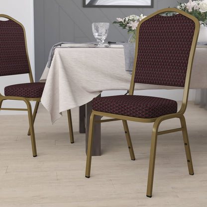 Crown Back Stacking Banquet Chair in Burgundy Patterned Fabric - Gold Frame