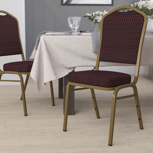 Crown Back Stacking Banquet Chair in Burgundy Patterned Fabric - Gold Frame