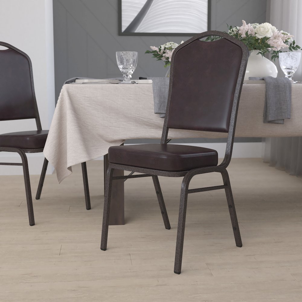 Crown Back Stacking Banquet Chair in Brown Vinyl - Copper Vein Frame