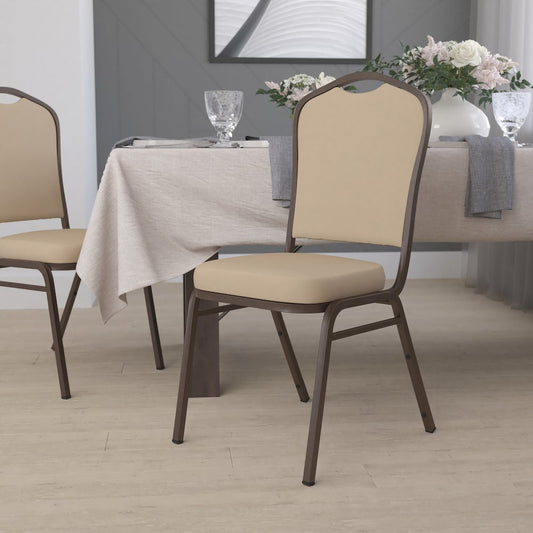 Crown Back Stacking Banquet Chair in Tan Vinyl - Copper Vein Frame