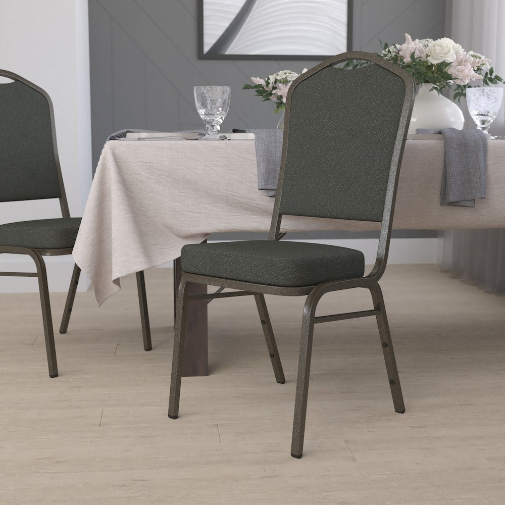 Crown Back Stacking Banquet Chair in Green Patterned Fabric - Gold Vein Frame