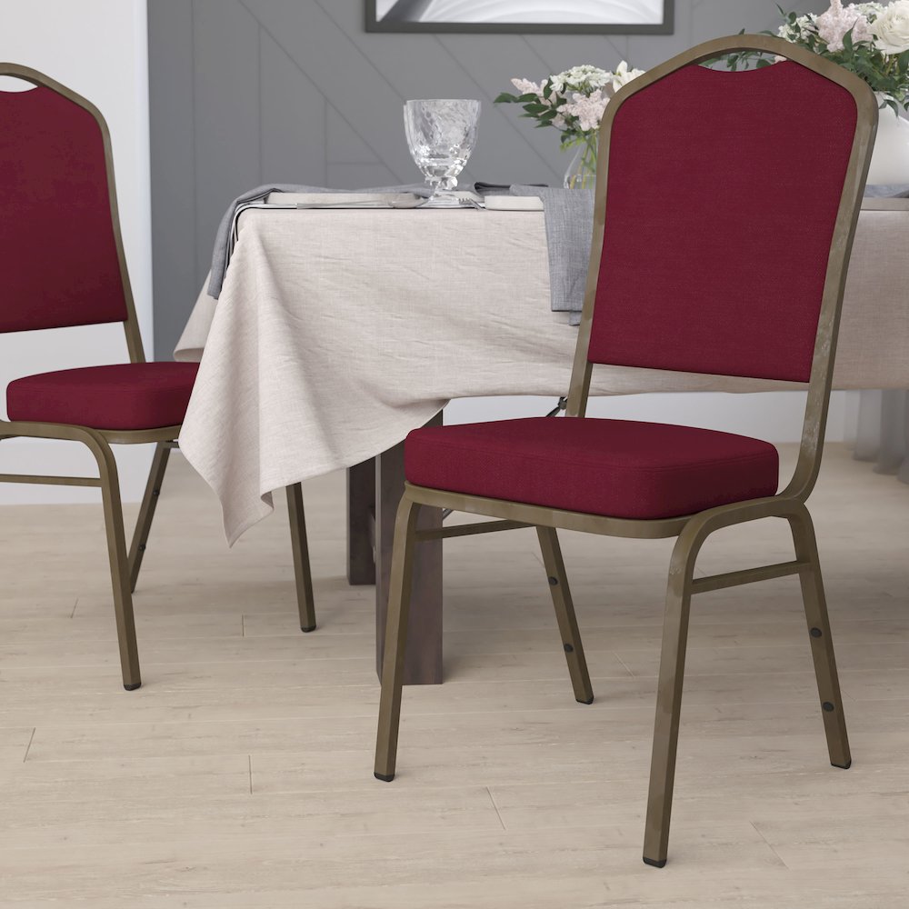Crown Back Stacking Banquet Chair in Burgundy Fabric - Gold Vein Frame