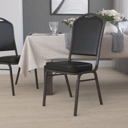Crown Back Stacking Banquet Chair in Black Vinyl - Gold Vein Frame