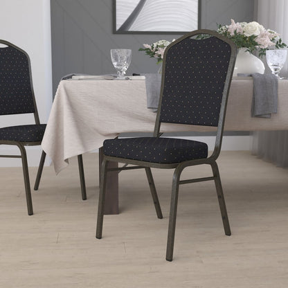 Crown Back Stacking Banquet Chair in Black Patterned Fabric - Gold Vein Frame